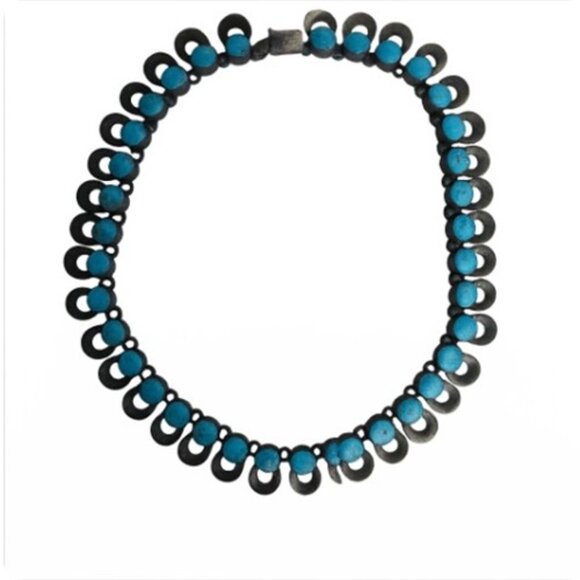 Turquoise Necklace Vintage Sterling Silver 925 Mexico Chunky Choker Stamped 18” - Picture 1 of 10